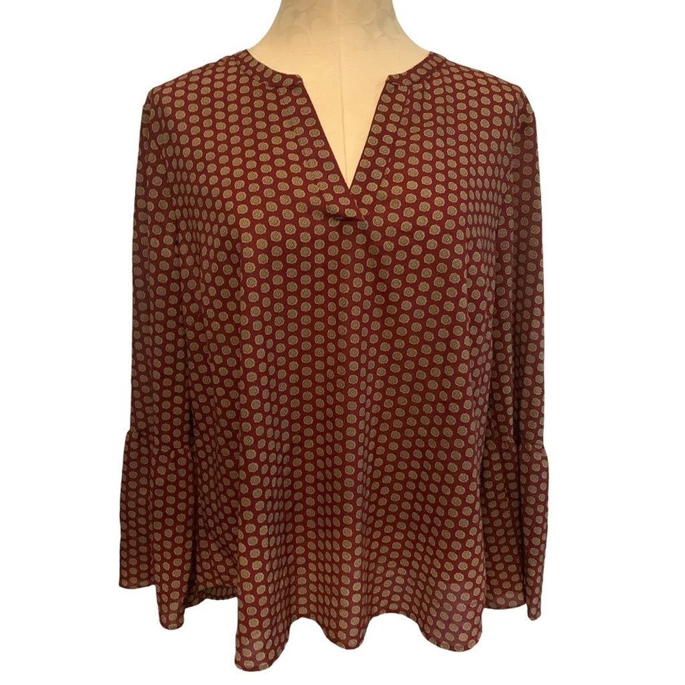XL J.Crew Burgundy Print Pullover Bell Sleeve Blouse Style H1074